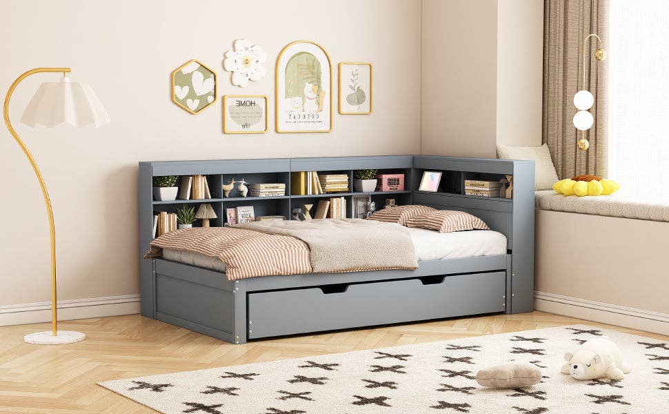 Urban Meuble - Wholesale Bed - Solid wood trundle bed gray 90*200 with USB port and multiple storage GIRCAET10