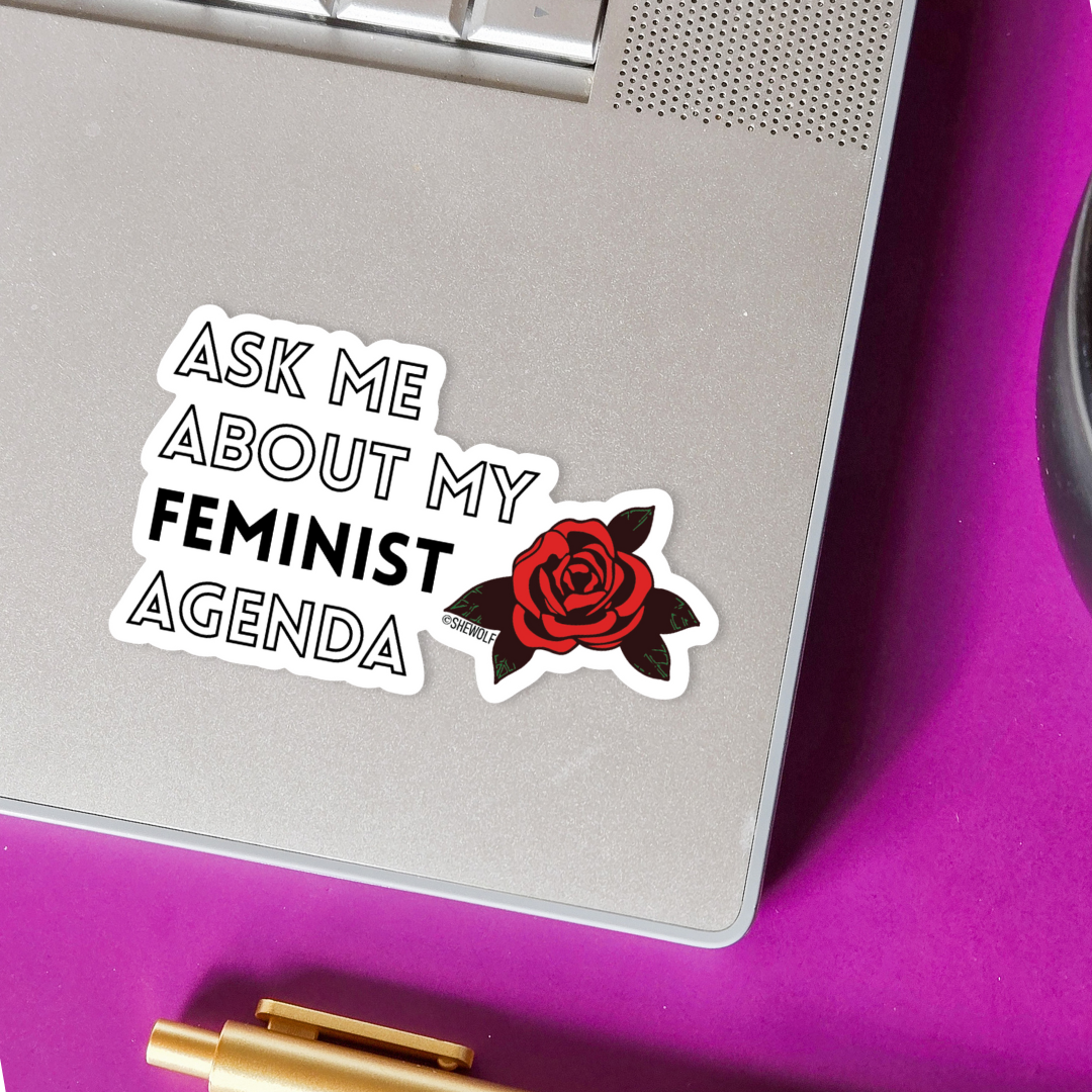 SHEWOLF Designs – Adesivo por atacado – Autocolante: Pergunta-me Sobre a Minha Agenda Feminista com Rosa Vermelha1