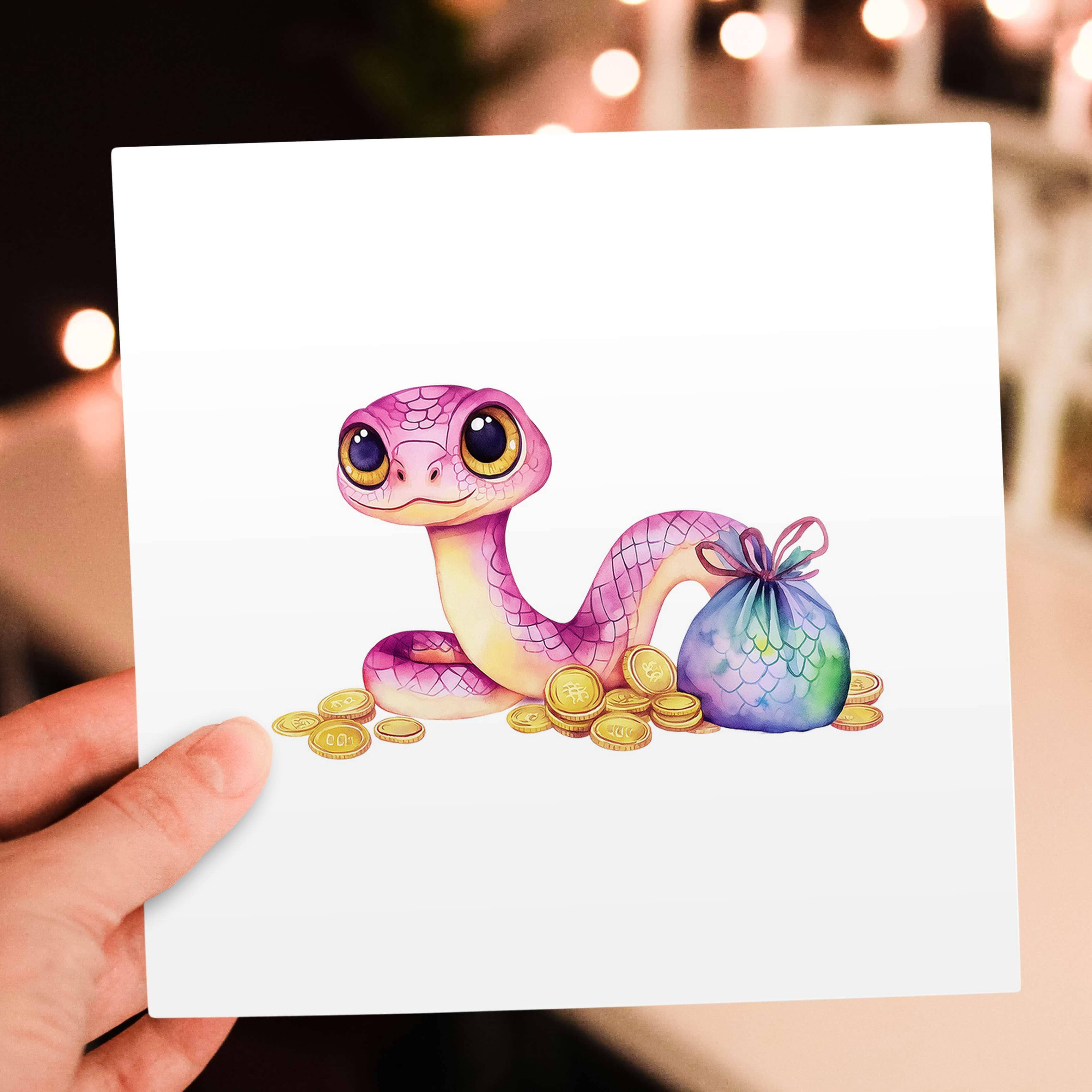 3dRose - Vente Carte de vœux classique - 3dRose, Image de serpent violet et pièces d'or - Zodiaque chinois 2025. Beau cadeau, Carte de vœux5