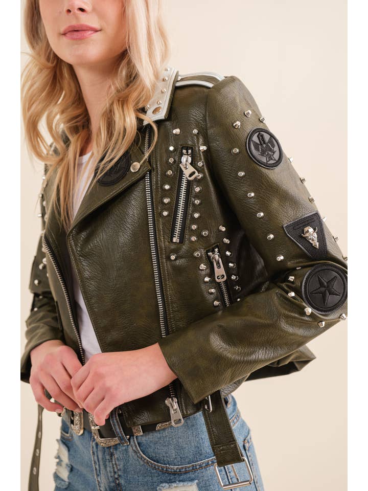 OLIVE 17647J - Faux Leather Spike Rebel Back Moto Zip Up Jacket for wholesale on Faire