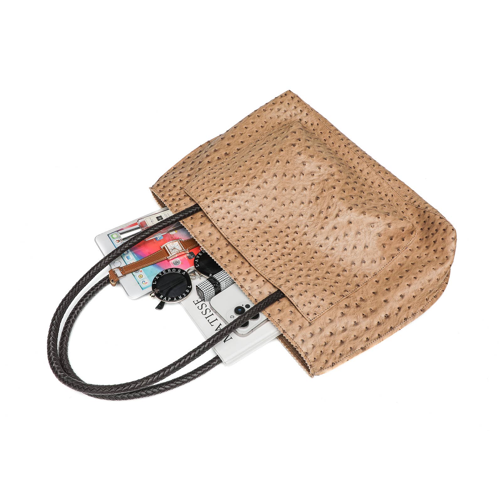 22 Tote - Wholesale Tote Bag - Women's - Deluxe Ostrich Tote Bag with Braided Handles & Multi-Pockets5