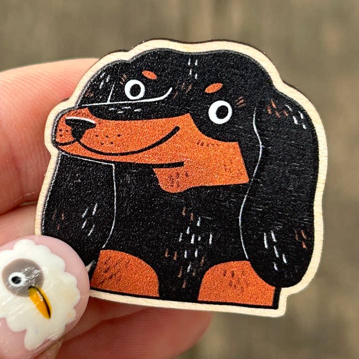 Black and Tan Sausage / Dachshund Dog Illustrated Wooden Pin for wholesale by Fernandes Makes