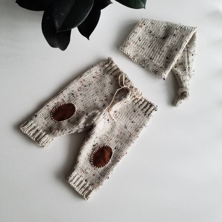 Yarnia's Hand-Knit Beanie + Knee Patch Pants Set for wholesale by The Chronicles of Yarnia, Inc.