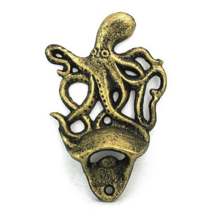 Antique Gold Cast Iron Wall Mounted Octopus Bottle Opener 6" for wholesale by Hampton Nautical