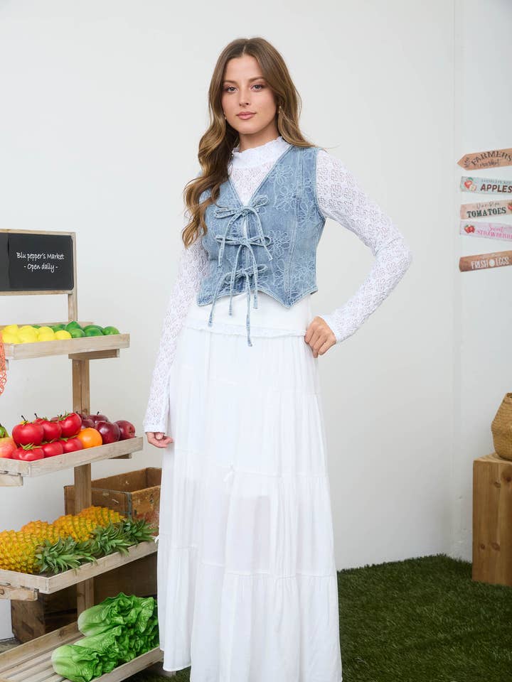 BOW RIBBON DETAIL TIERED MAXI SKIRT for wholesale by Blu Pepper