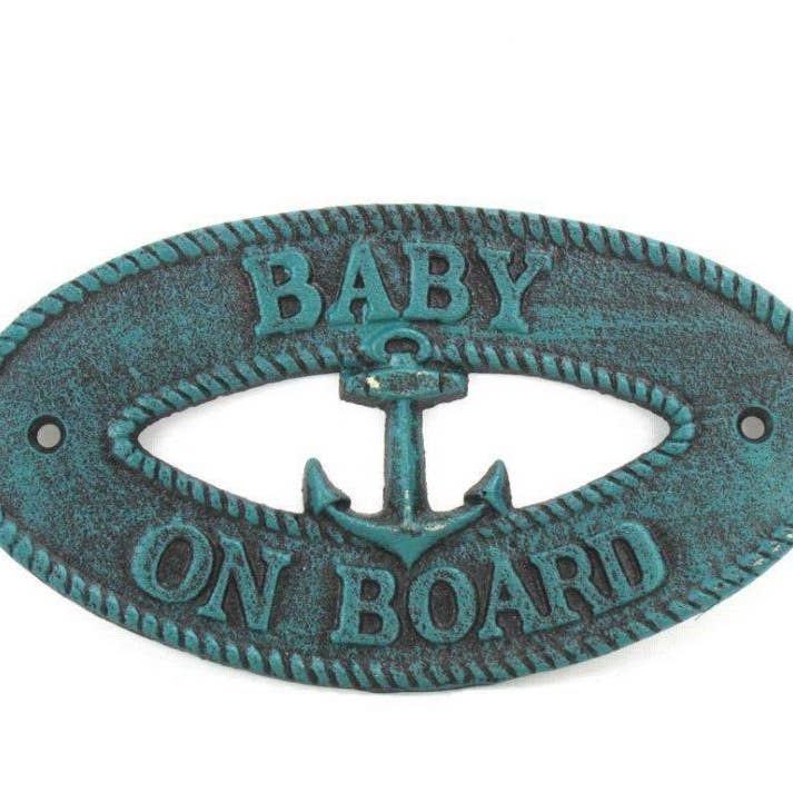Seaworn Blue Cast Iron Baby on Board with Anchor Sign 8" for wholesale by Hampton Nautical