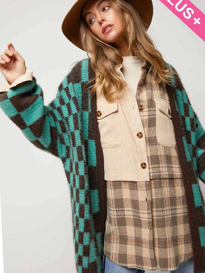 Davi & Dani - Wholesale Cardigan - Women's - PLUS CHECKERED PRINTED FUZY FLEECE SOFT WARM KNIT SWEATER CA