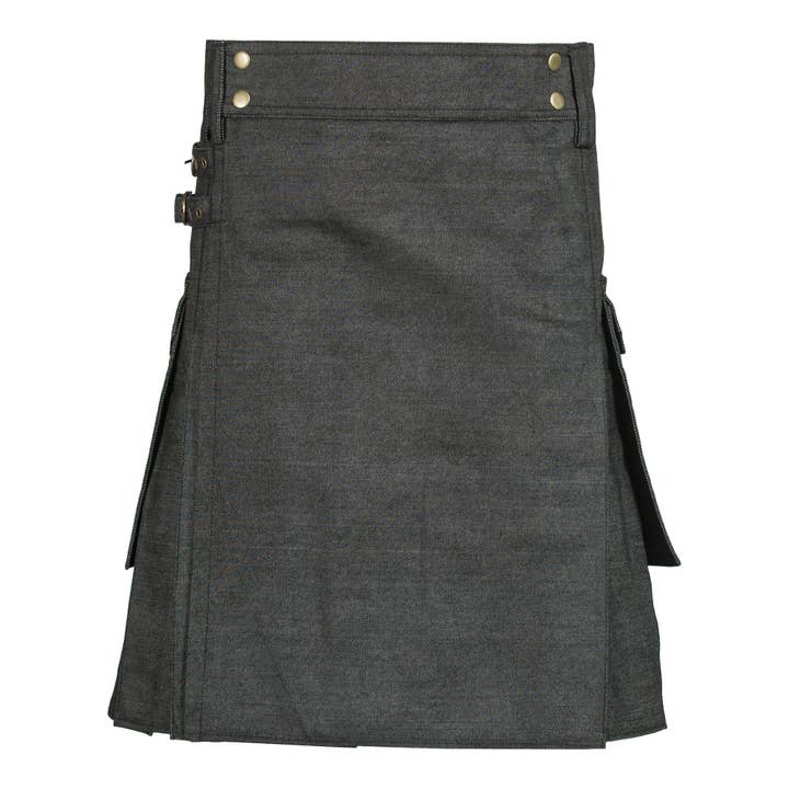 Zwarte denim utility kilt voor wholesale door The Scotland Kilt Company