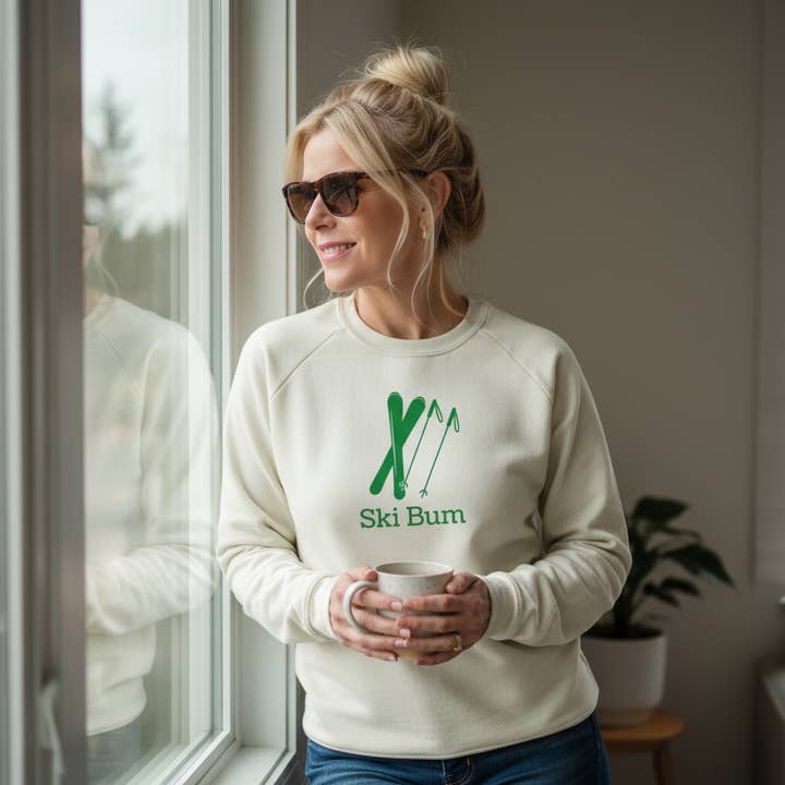 Sudadera de cuello redondo de algodón orgánico con diseño de vagones de esquí para adultos para venta al por mayor de Simply Chickie Organic USA Made Baby and Kid's Clothing