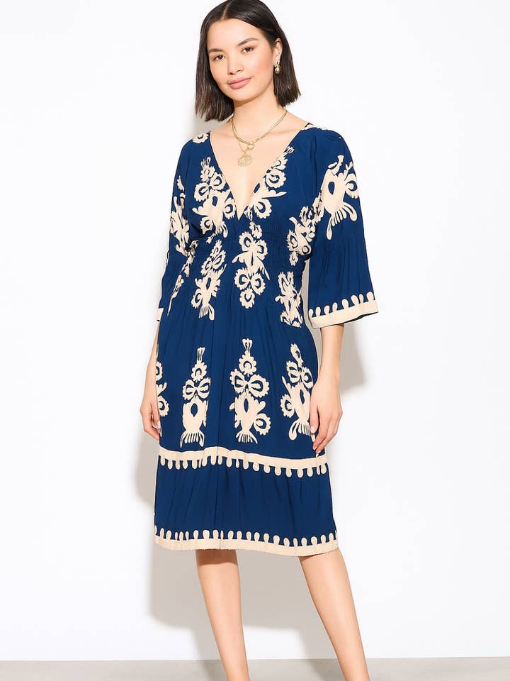 Oversized 3/4 Sleeves V Neck Printed Knee Lenght Dress in Navy for wholesale by Hoxton Gal