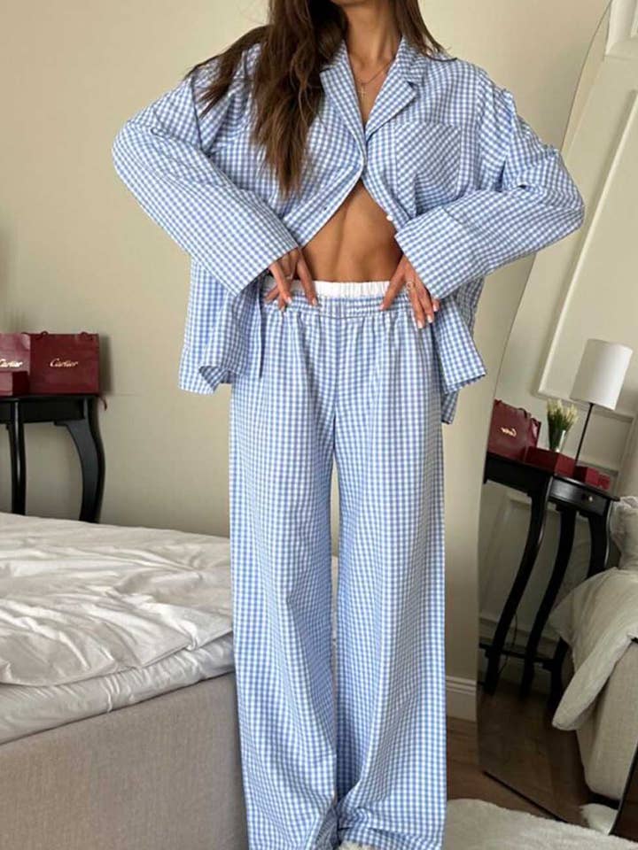 Plaid Color Contrast Long Sleeve Sleepwear Set DP25F881 for wholesale by Dipped Shop