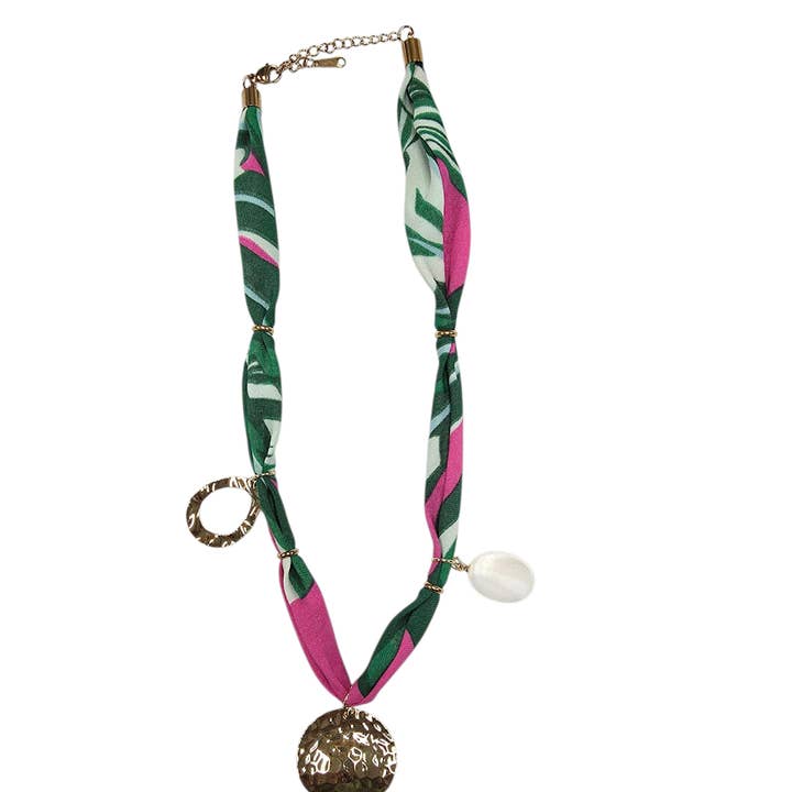 Pink and green floral bandanna necklace NC-2009 for wholesale by Simply Jewels