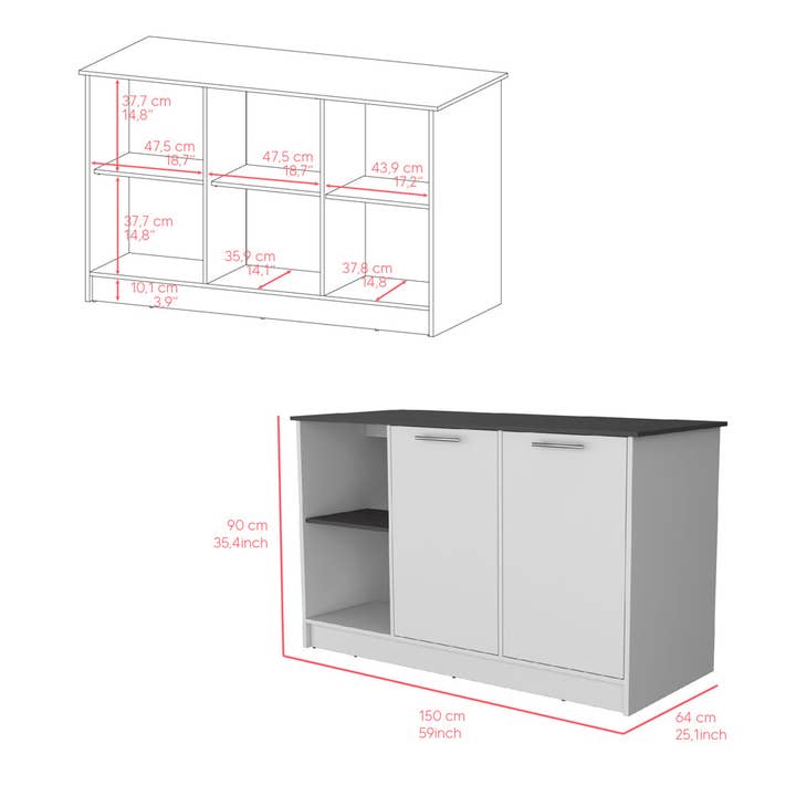 Treevol Furniture - Wholesale Kitchen Storage/Organizer - Kitchen Island Padua, Countertop and 2 Shelves, White / Onyx7
