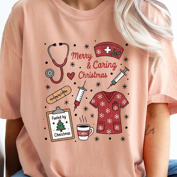 Merry And Caring Christmas Nurse Comfort Color Tee for wholesale by Kissed Apparel