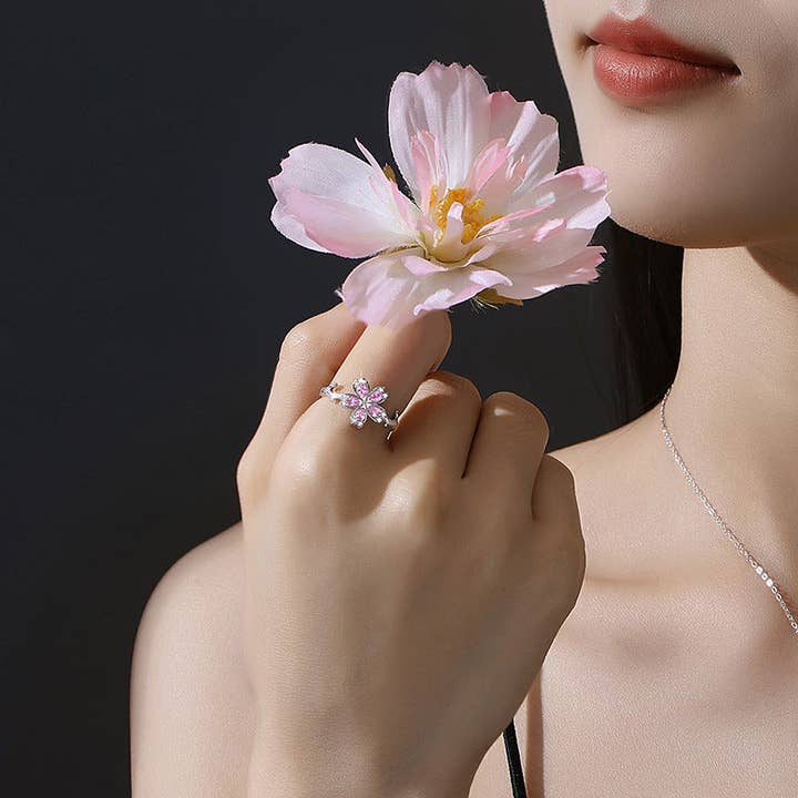 Perimade & Co. LLC - Wholesale Multi-Stone Ring - Pink Cherry Blossom Flower Band Ring in 925 Sterling Silver1