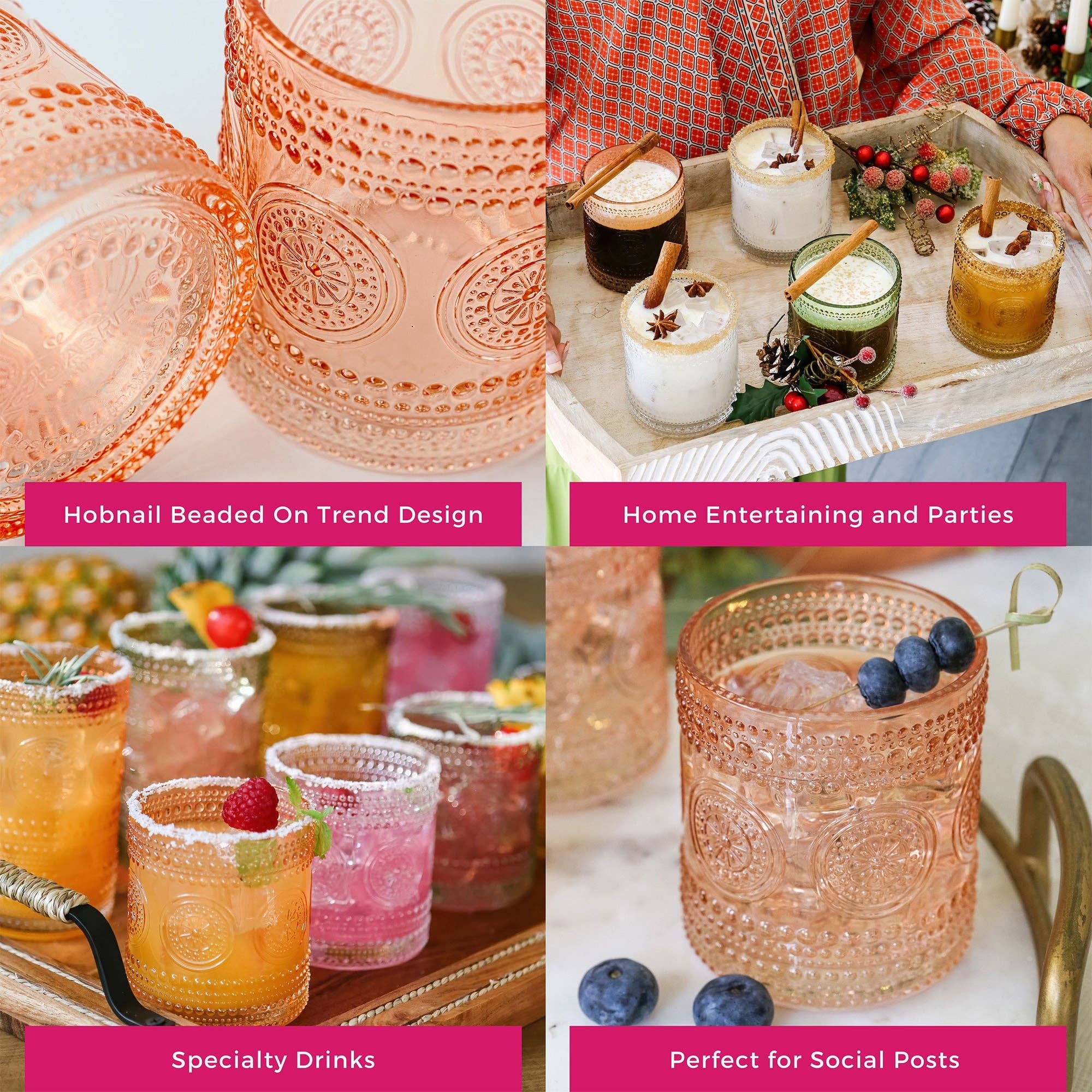 Kate Aspen - Vente Verres à cocktail/alcool - Verres à boire 300 ml en verre vintage rose gold avec motifs floral et perlé (jeu de 6)4