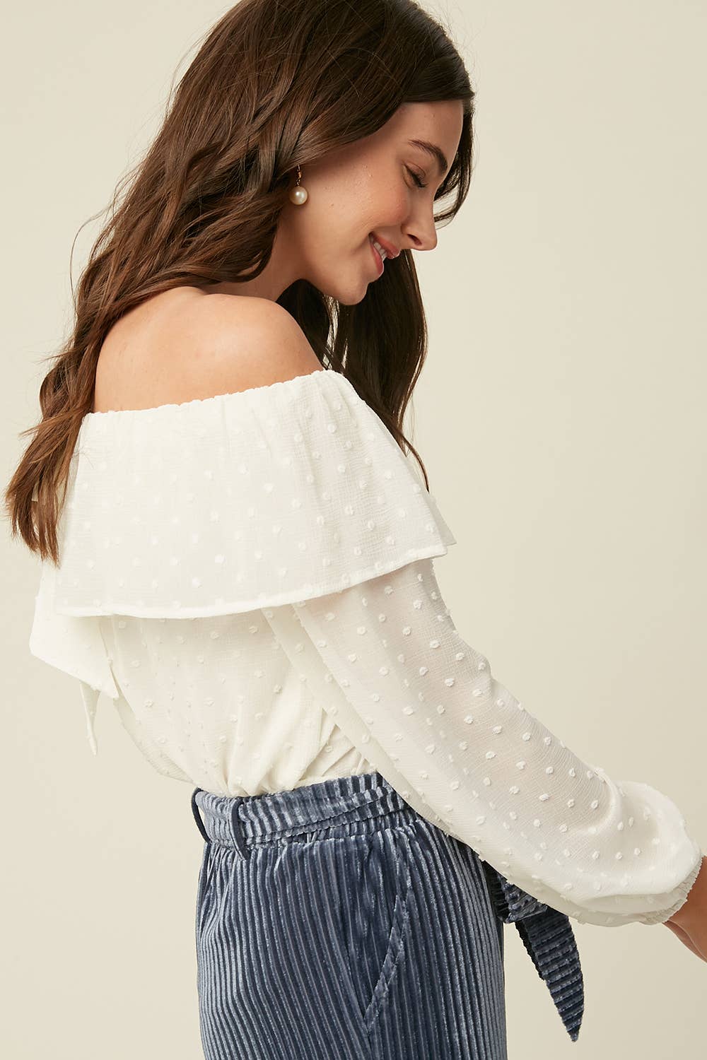 Cream Swiss Dot Off-Shoulder Ruffle Blouse LT0895 for wholesale on Faire5