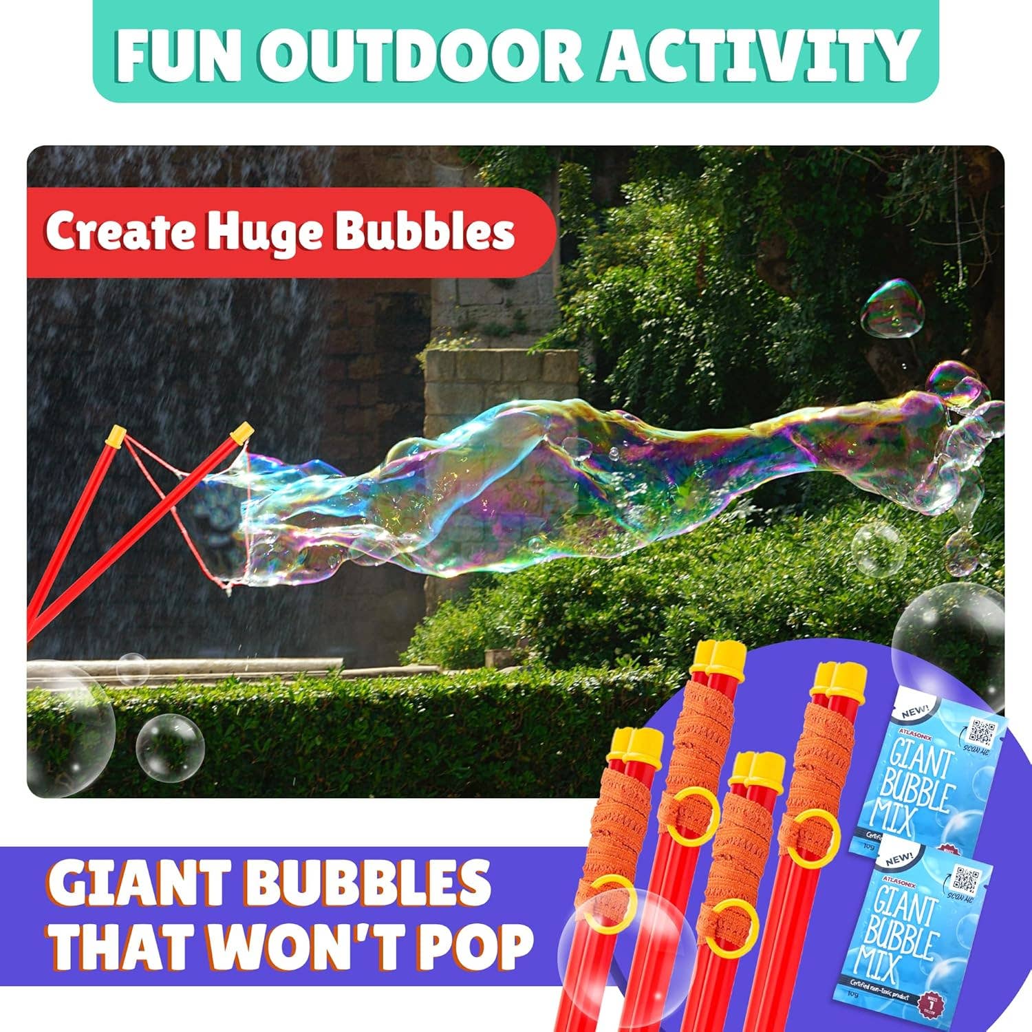 Atlasonix - Wholesale Bubble Wand - Kids - Giant Bubble Wand - Bubbles for Kids (4 Wands & 2 Mix)7
