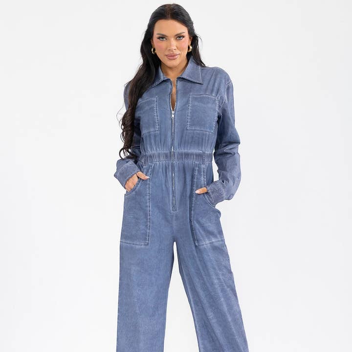 HGR10323- Washed cotton stretch denim wide-leg jumpsuit for wholesale by IWT Brands