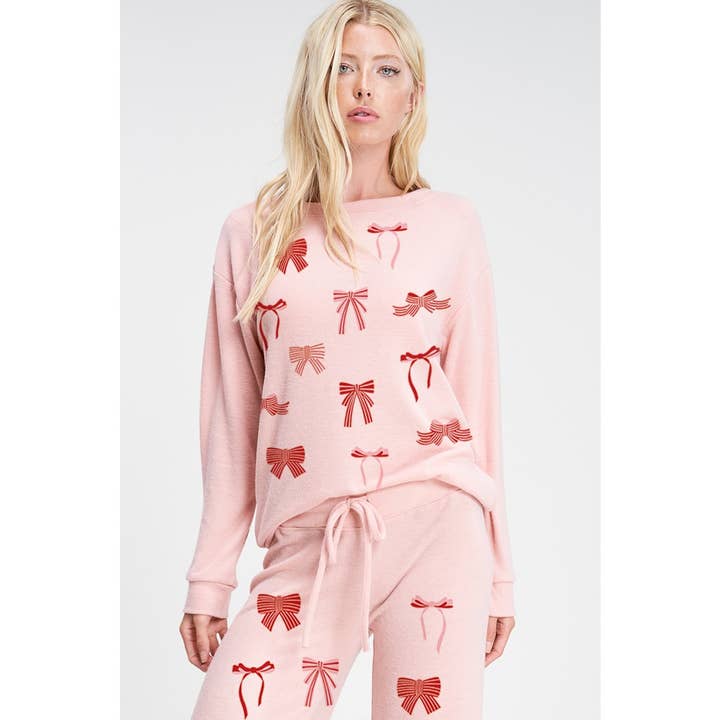 Red bow allover print soft loungewear set for wholesale by Phil Love