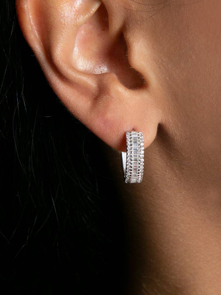 Women's Baguette Stone Hoop 925 Sterling Silver Earrings for wholesale by Volenia Silver