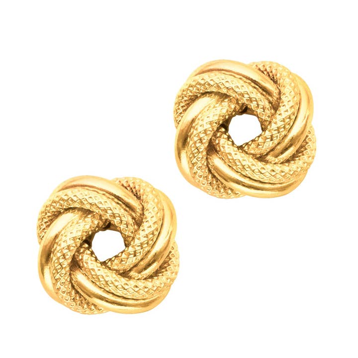 Aretes de nudo del amor grandes con textura brillante de oro amarillo de 14 quilates para venta al por mayor de The Diamond Deal
