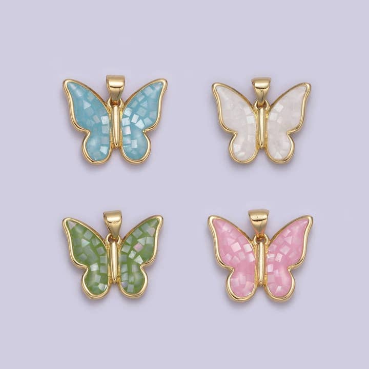 White / Pink / Blue / Green Opal Mariposa Butterfly Charm for Necklace, Dainty Butterfly Pendant for Jewelry Making Supply in Gold Filled H-583 H-589 H-596 for wholesale by Aim Eternal
