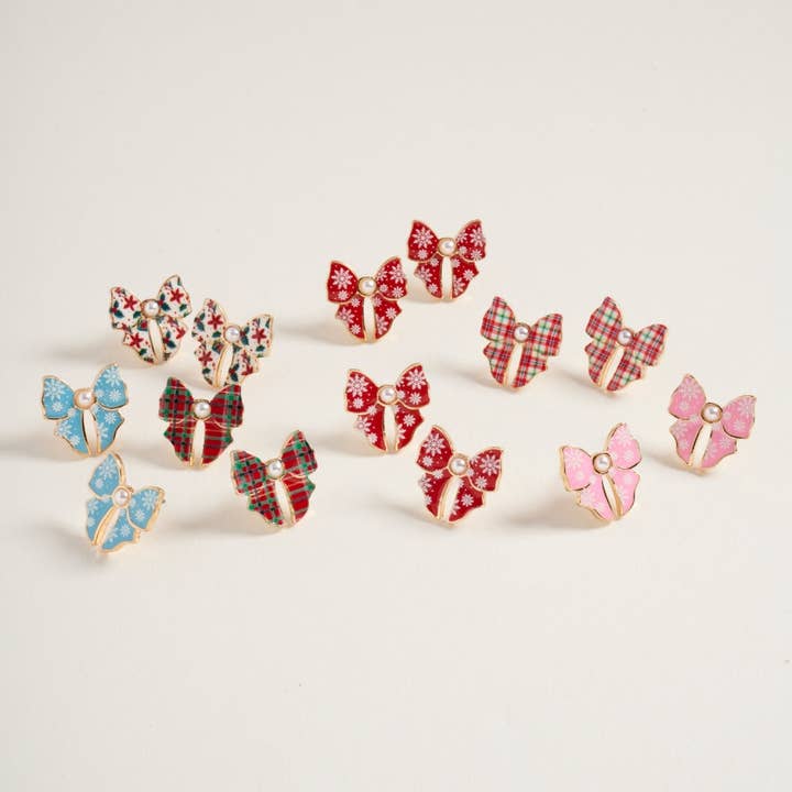 Designature New York - Wholesale Stud/Post Earrings - Christmas Pattern Ribbon with Pearl Post Earrings