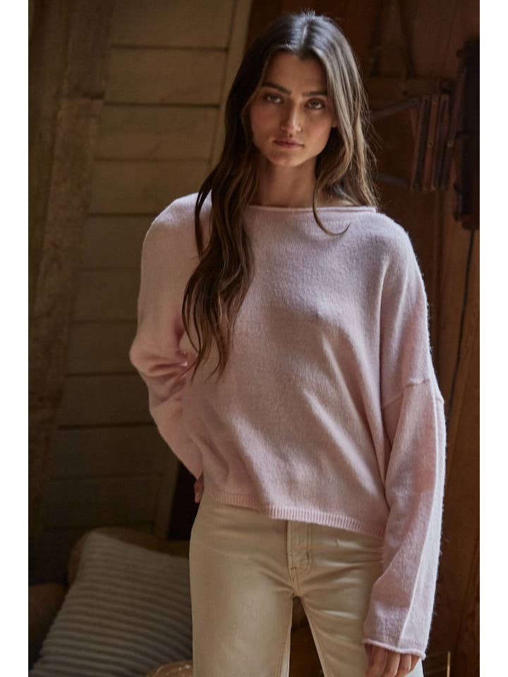 By Together - Wholesale Knit Sweater - Women's - W2114 | Knit Sweater Rolled Round Neck Pullover Top