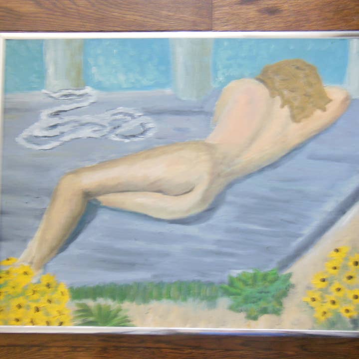 On the Dock Sleeping. Oil on canvas board - Framed for wholesale by Jane A Gordon: Jewelry Art Gifts Inspiration