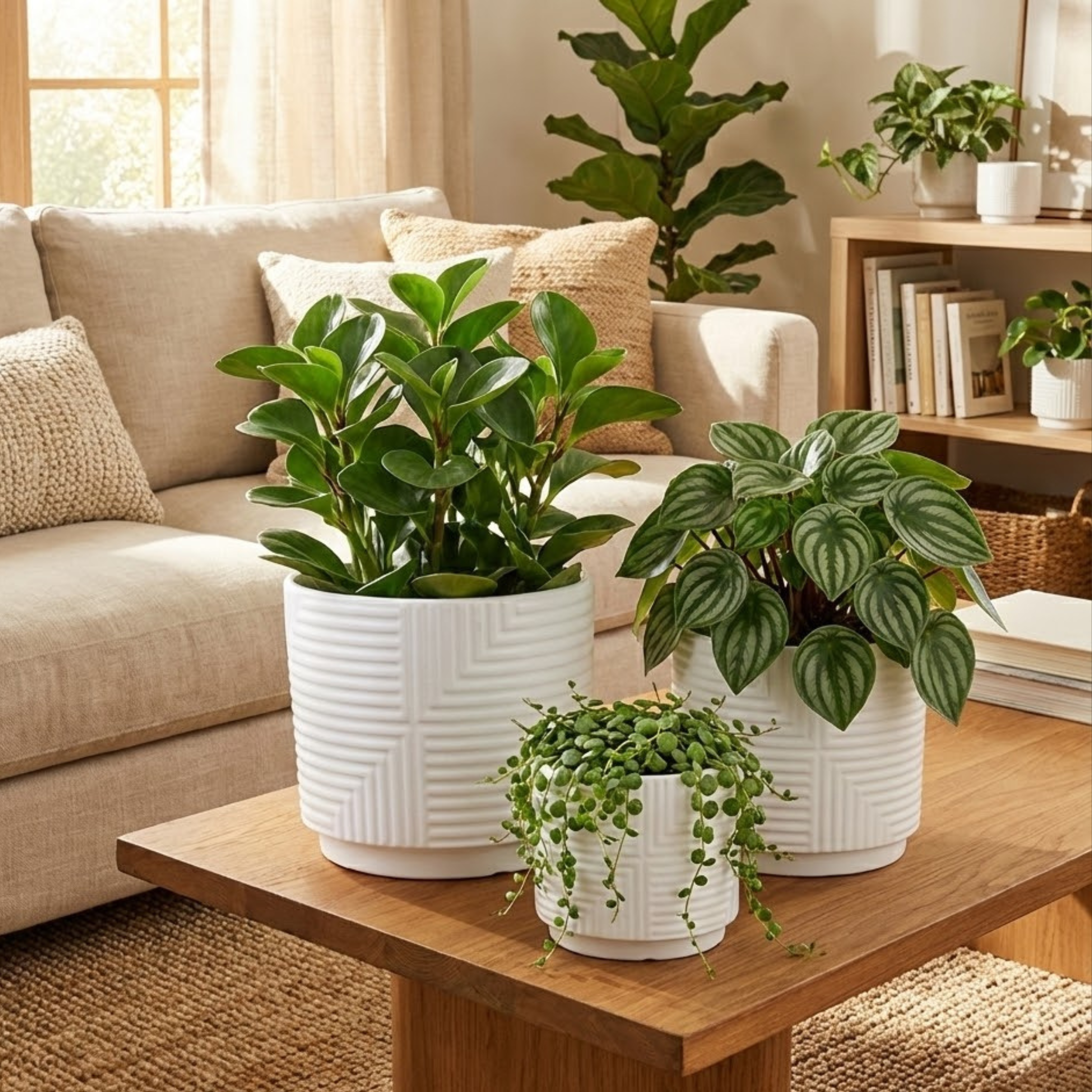 Florinia - Wholesale Plant Pot - 3-Piece White Stoneware Planter Set with Geometric Line Design2