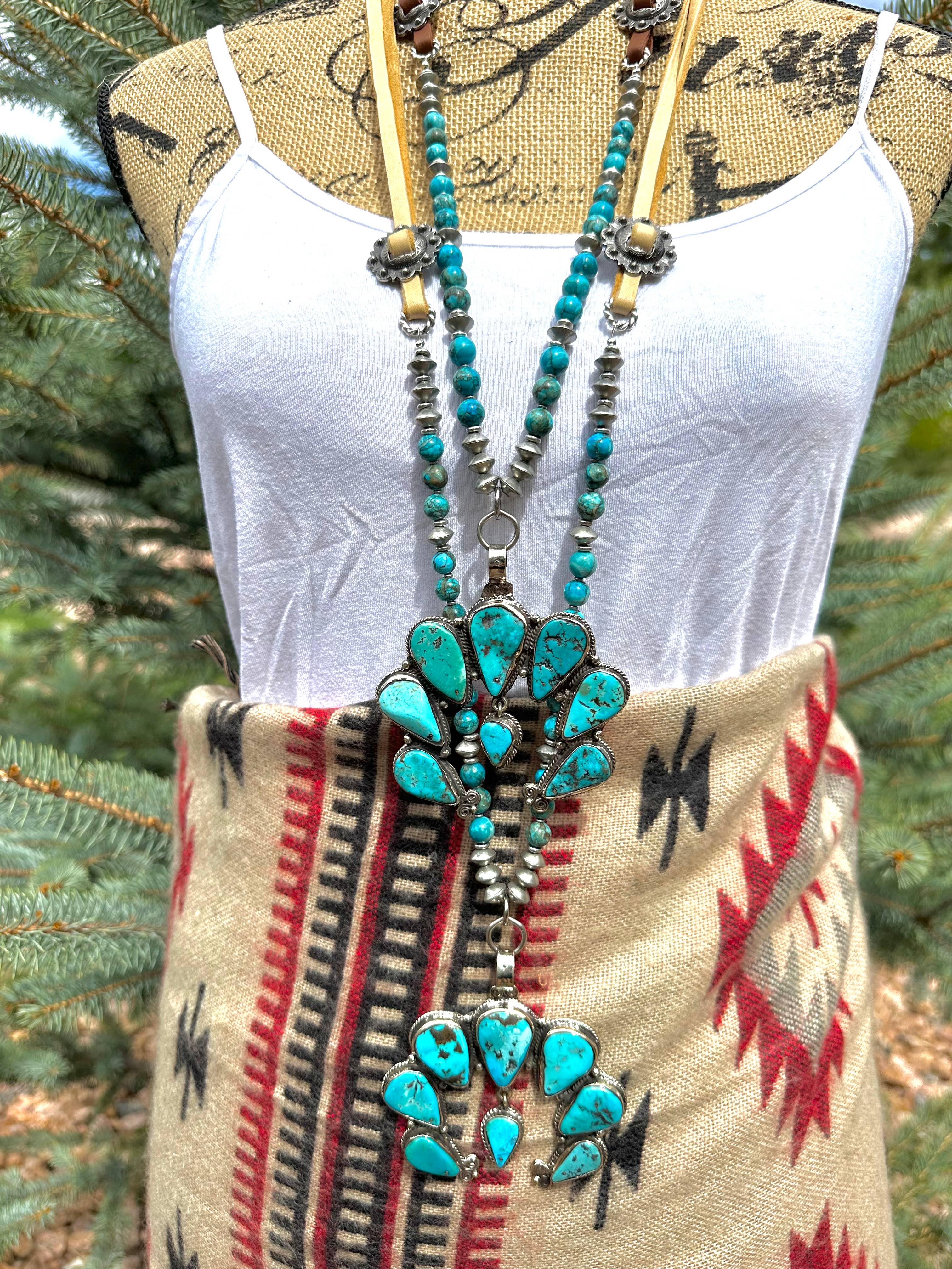 Fleurdesignz Western Jewelry - Wholesale Pendant/Charm Necklace - Adjustable Squash Blossom Necklace, Natural Blue Turquoise2