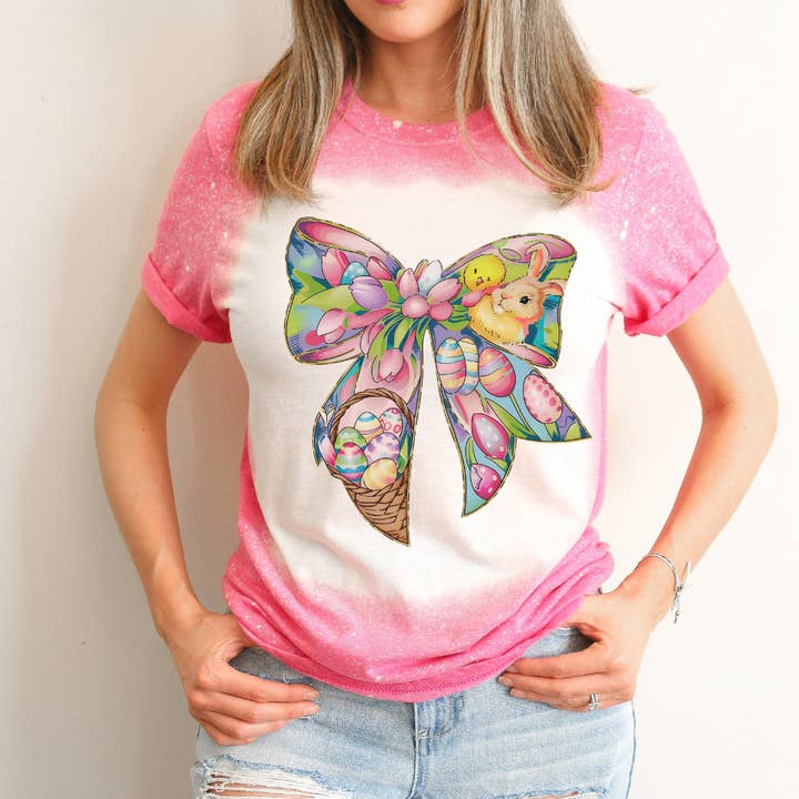 Easter Coquette Bow Bleached Easter Tee for wholesale by Hello Gorgeous Apparel