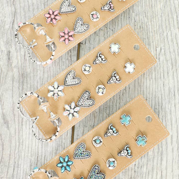 SP Sophia Collection - Wholesale Stud/Post Earrings - 6-Pair Western Theme Assorted Earring Set 3