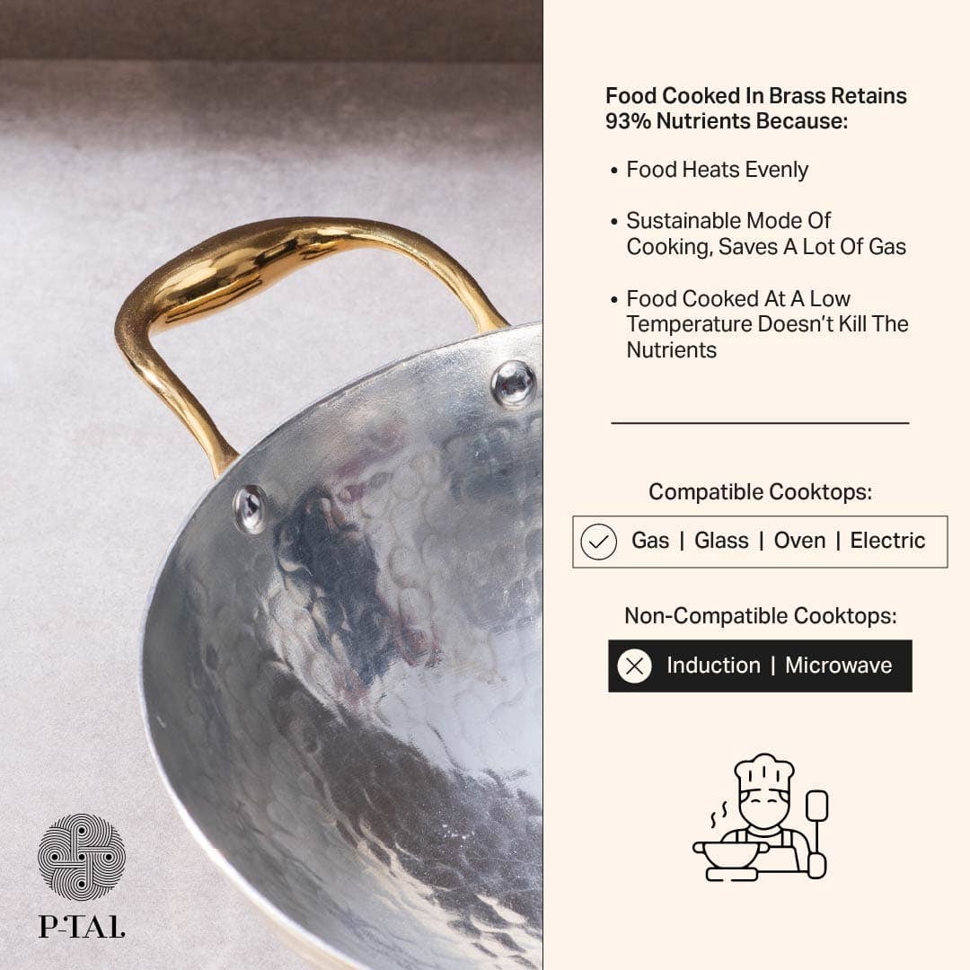 P-TAL – wholesale Cookware set – Brass Essentials Combo Set (Brass Roti Tawa with Insulated handle, Brass Ghee Pot, Brass Kadhai with Insulated handles & Glass lid)12