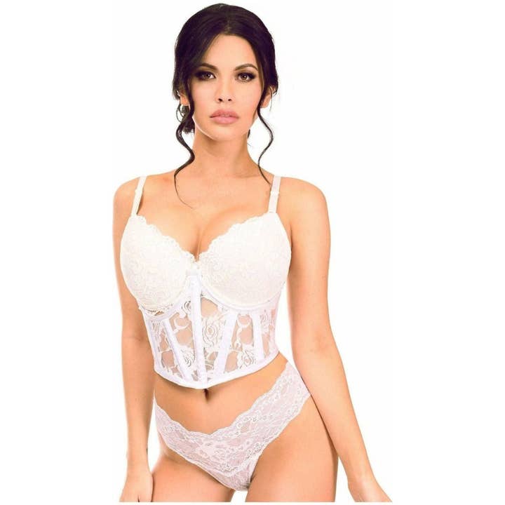 Üppiges weißes Korsett mit Bügeln und Bügeln aus durchsichtiger Spitze für den Großhandel von Daisy Corsets