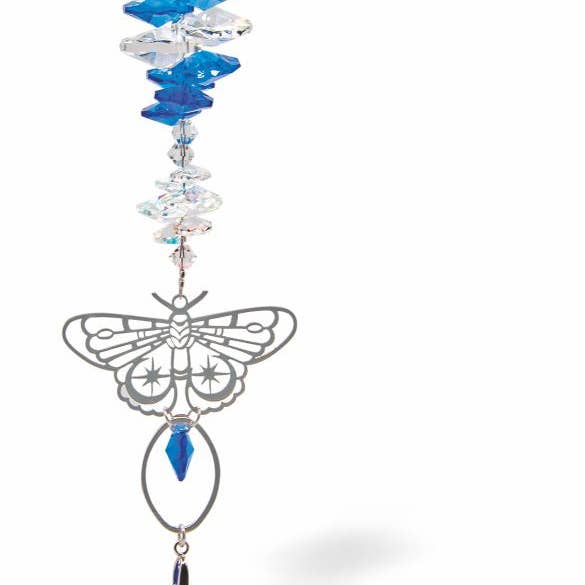 Austrian Crystal Suncatcher, Multi -faceted with Blue Crystal Drop and Delicate Butterfly Link for wholesale by Byzantium Collection Ltd