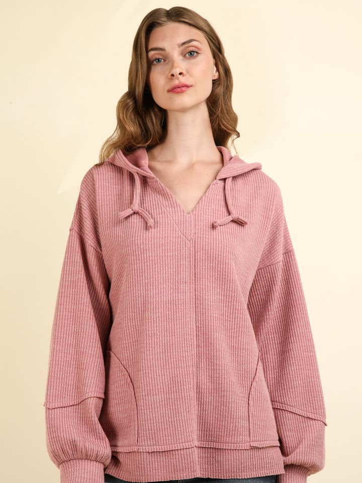 VERY J - Wholesale Hoodie - Women's - NT11829-Oversized Knit Casual Hoodie Top W/ Pockets
