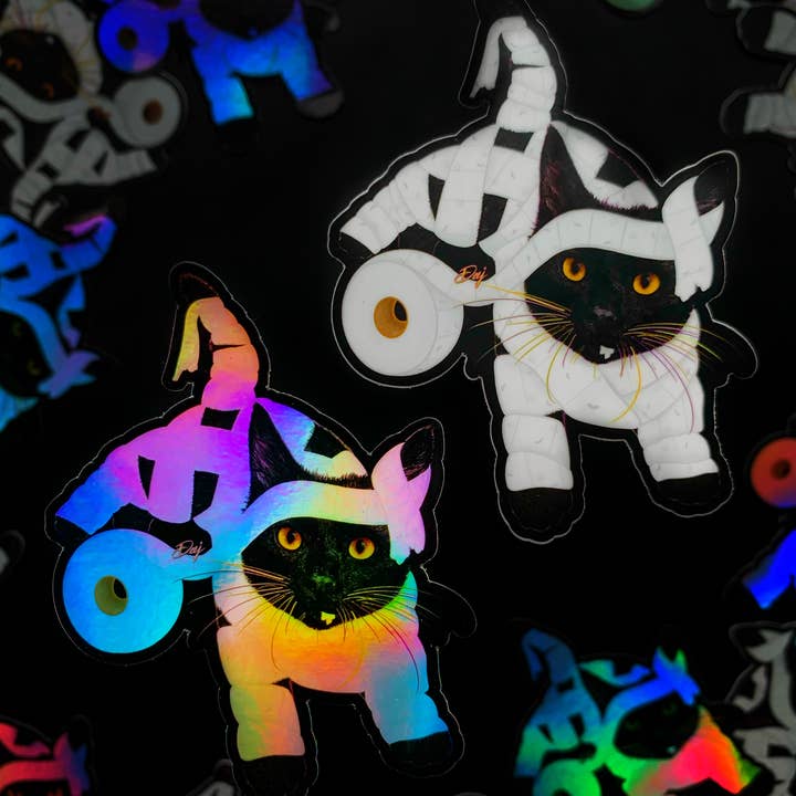 Mumie Cat Halloween Holografisk Sticker, 4x3in for engroshandel hos Catnip and Kittens