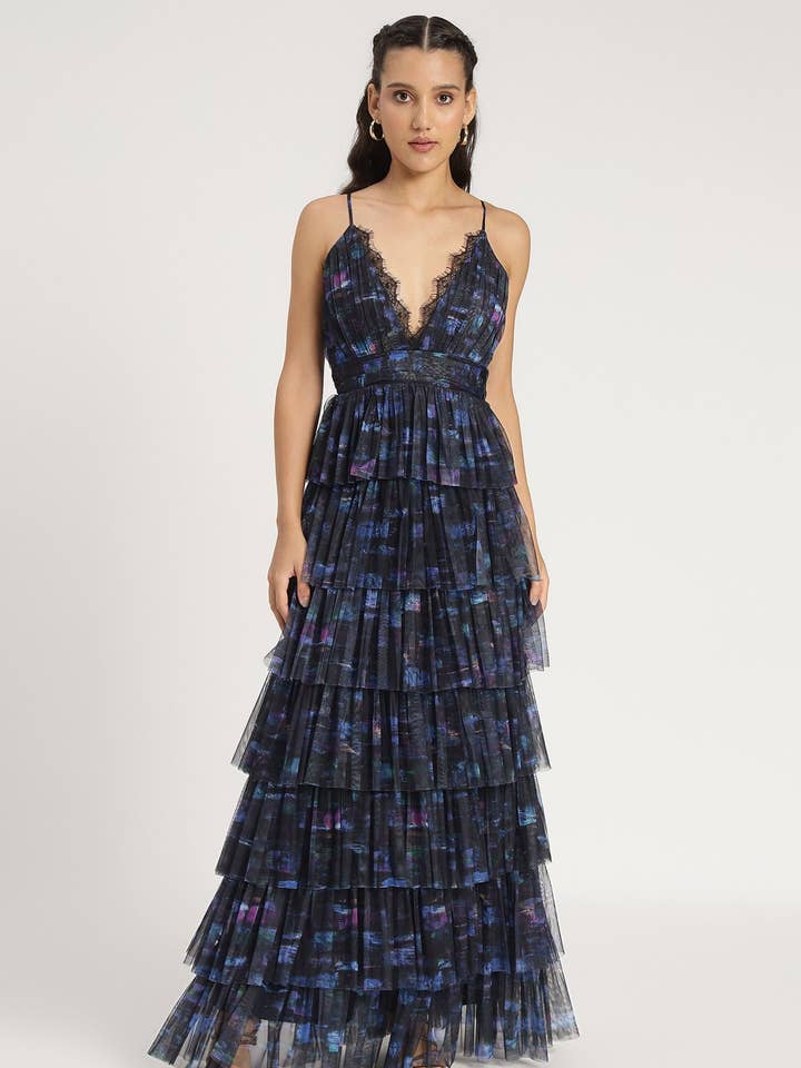 Vestido largo Oakley con estampado azul para venta al por mayor de Lace & Beads