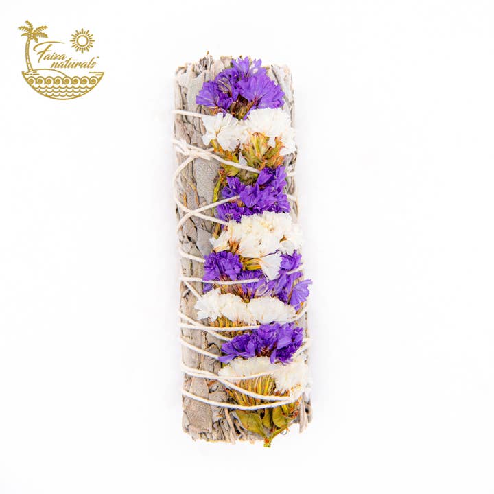 Faiza Naturals - Wholesale Sage Bundle - Purple and White Sinuata Flower with White Sage Bundles