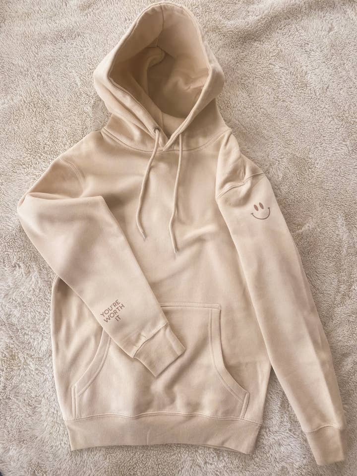 You're Worth It Hoodie Words On Sleeve Smiley Sweatshirt for wholesale by Rad Vibes Only