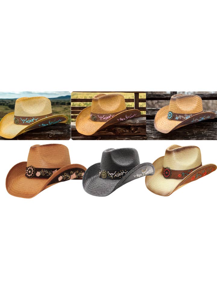 Handwoven Toyo Western Hat w. Floral Design-Longhorn Design for wholesale by Yumi Hats