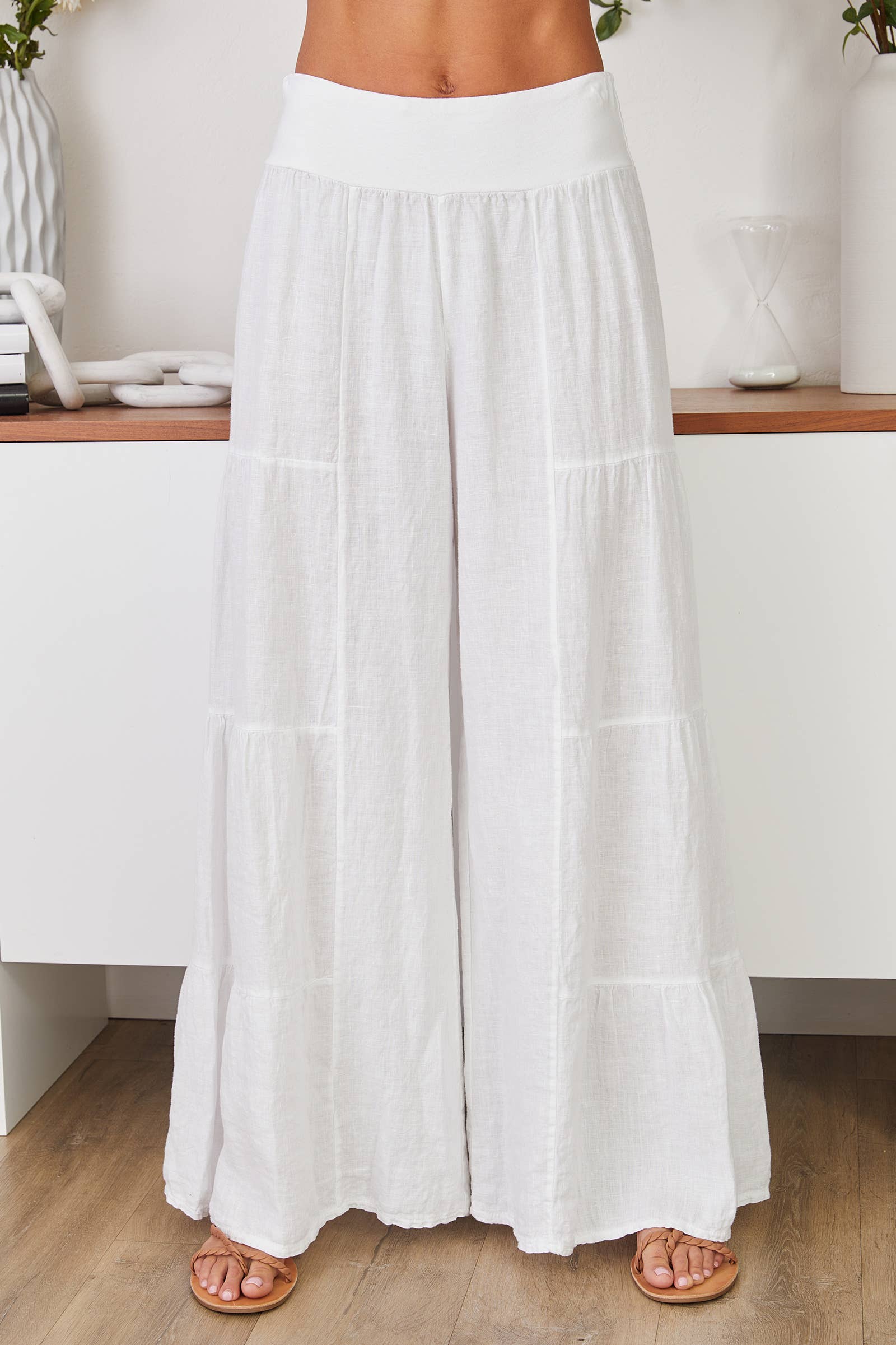 White LINEN TIERED PALAZZO PANT (2-36/255005-WHITE) for wholesale on Faire1
