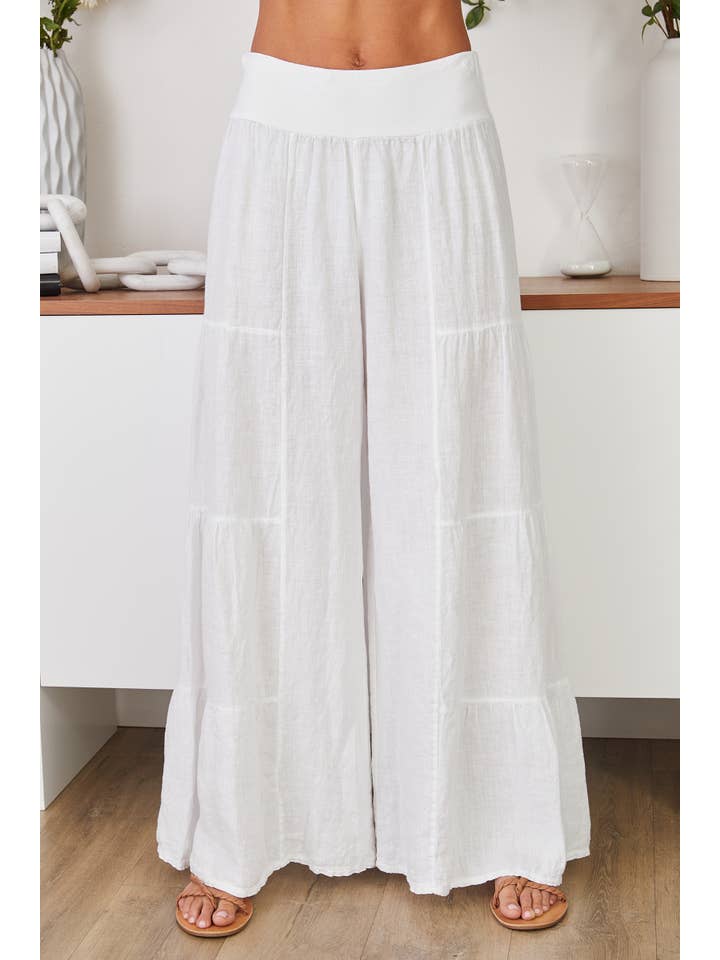 White LINEN TIERED PALAZZO PANT (2-36/255005-WHITE) for wholesale on Faire1