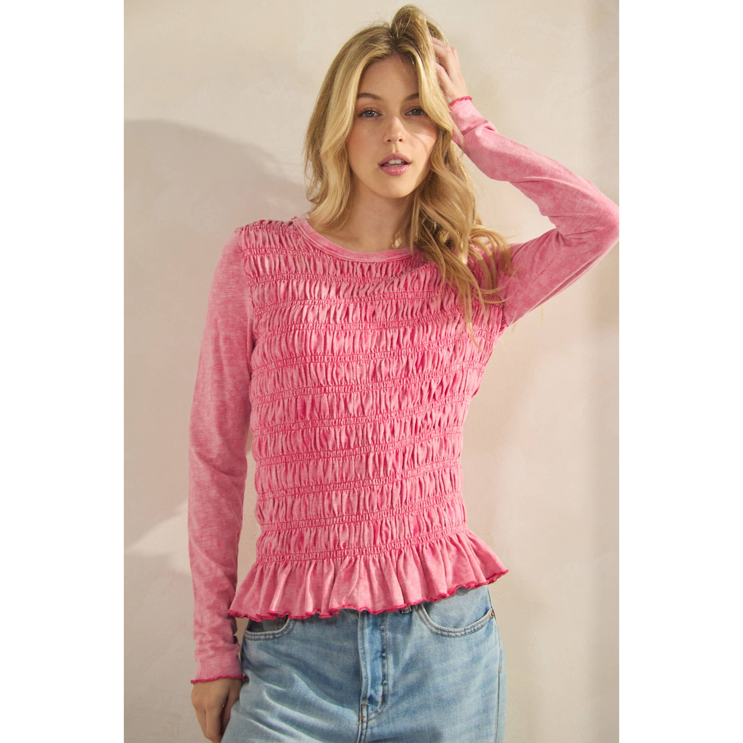 Sage + Fig - Wholesale Knit Top - Women's - SMOCKED PEPLUM LONG SLEEVE TOP (ST7986) 8