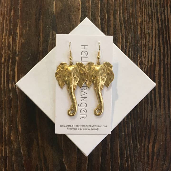 Handmade Brass Elephant Earrings with Gold Plated Wires for wholesale by Hello Stranger