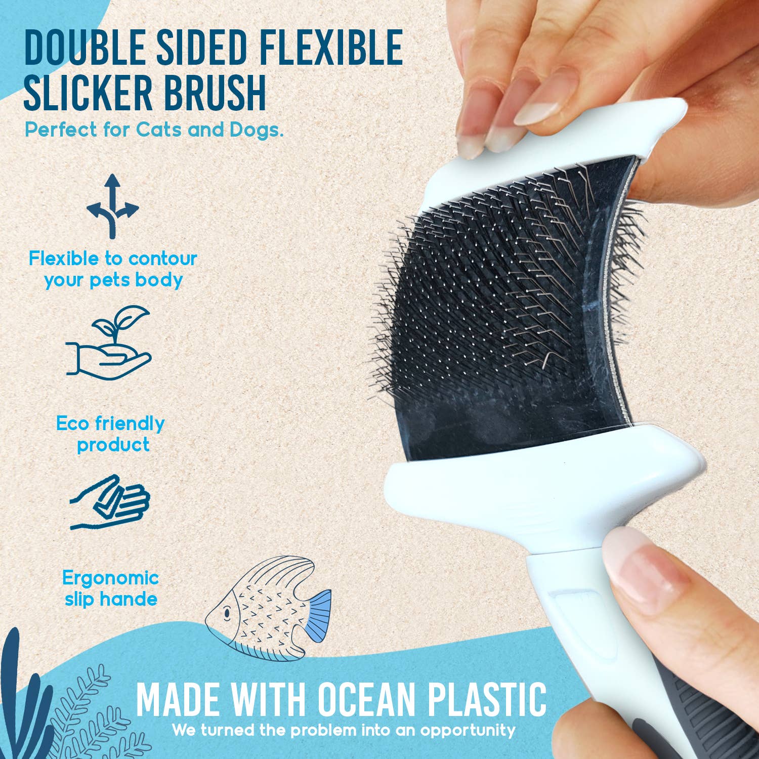 Precious Tails - Wholesale Pet Brush - Cat/Dog - Ocean Plastic by PT Double-Sided Flexible Slicker Brush 17