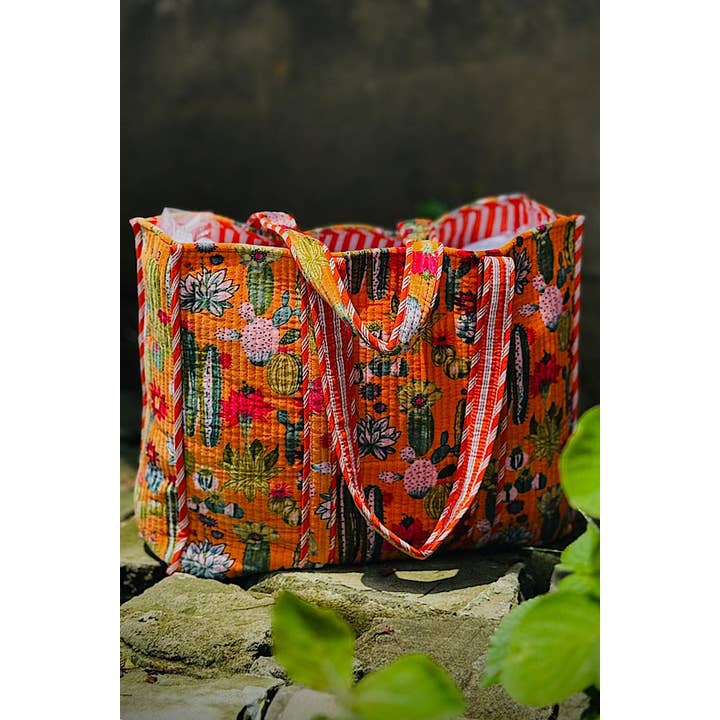 Nash Grey - Wholesale Tote Bag - Women's - Clementine Orange Velvet Cactus Print Tote Bag1