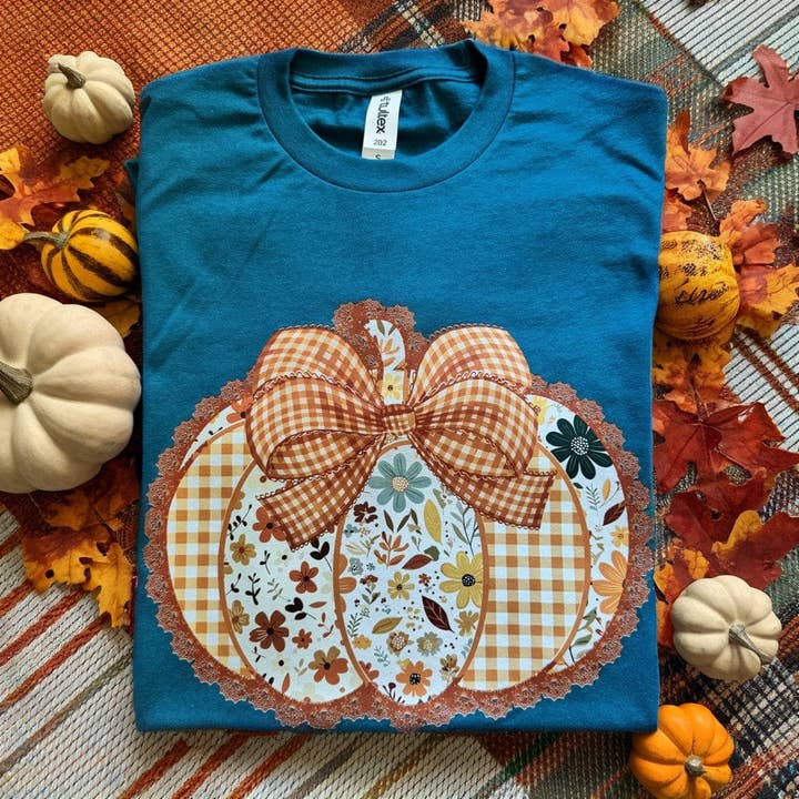 Floral Plaid Pumpkin Graphic Tee for wholesale by Festivitees